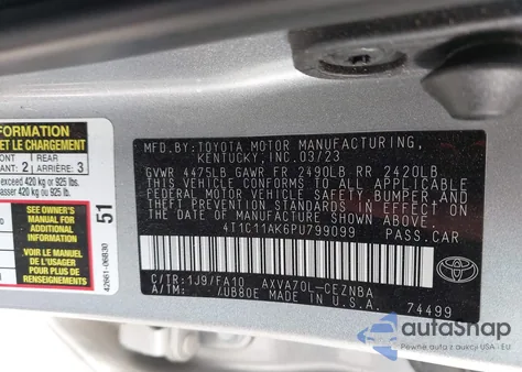 2023 Toyota Camry Le z USA, uszkodzony, nr VIN 4T1C11AK6PU799099